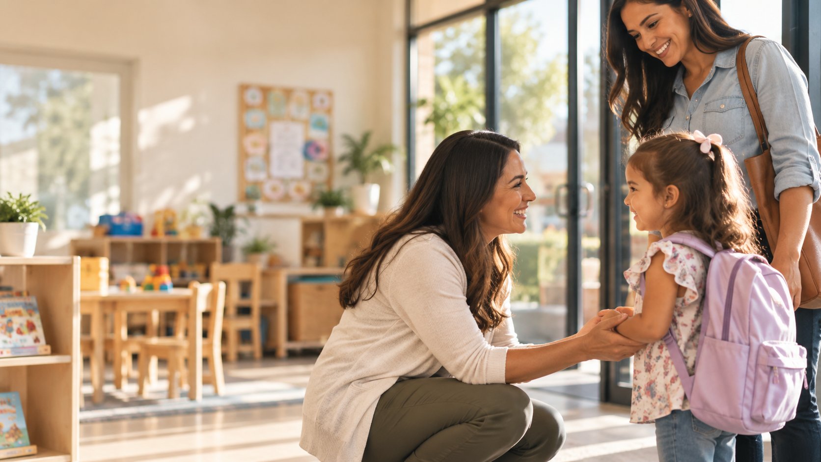 A teacher kneeling to greet a mother and daughter at MyPlace Early Learning Center